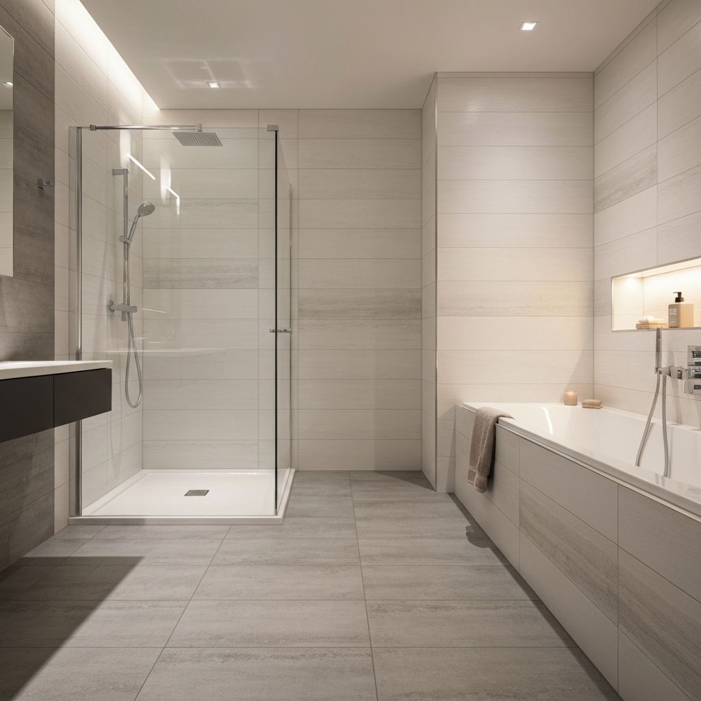 Современный интерьер ванной комнаты с керамической плиткой Cersanit